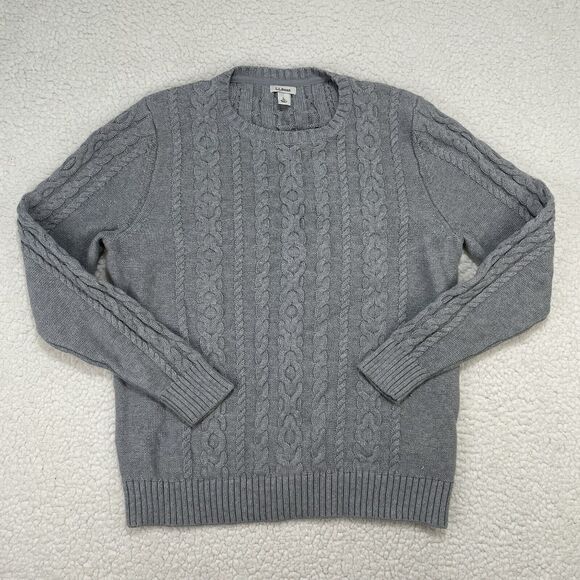 LL Bean Womens Size L Gray Cotton Crewneck Cable Knit Pullover Fisherman Sweater - Picture 1 of 7